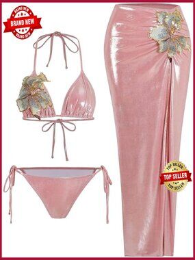 3-Piece Floral Bikini Set with Sheer Cover-Up Skirt